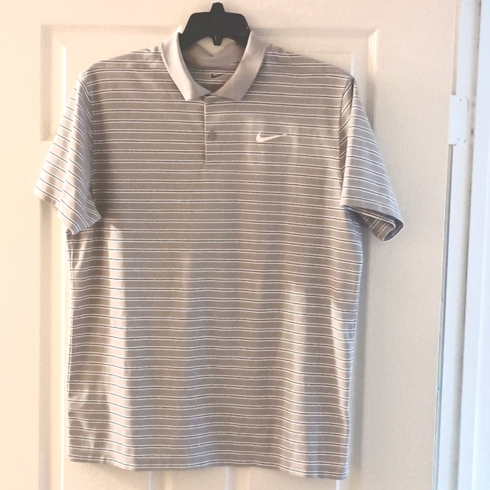 Nike Mens Gray Black White Striped Collared Polo Golf Shirt 2 Buttons SZ L NWOT
